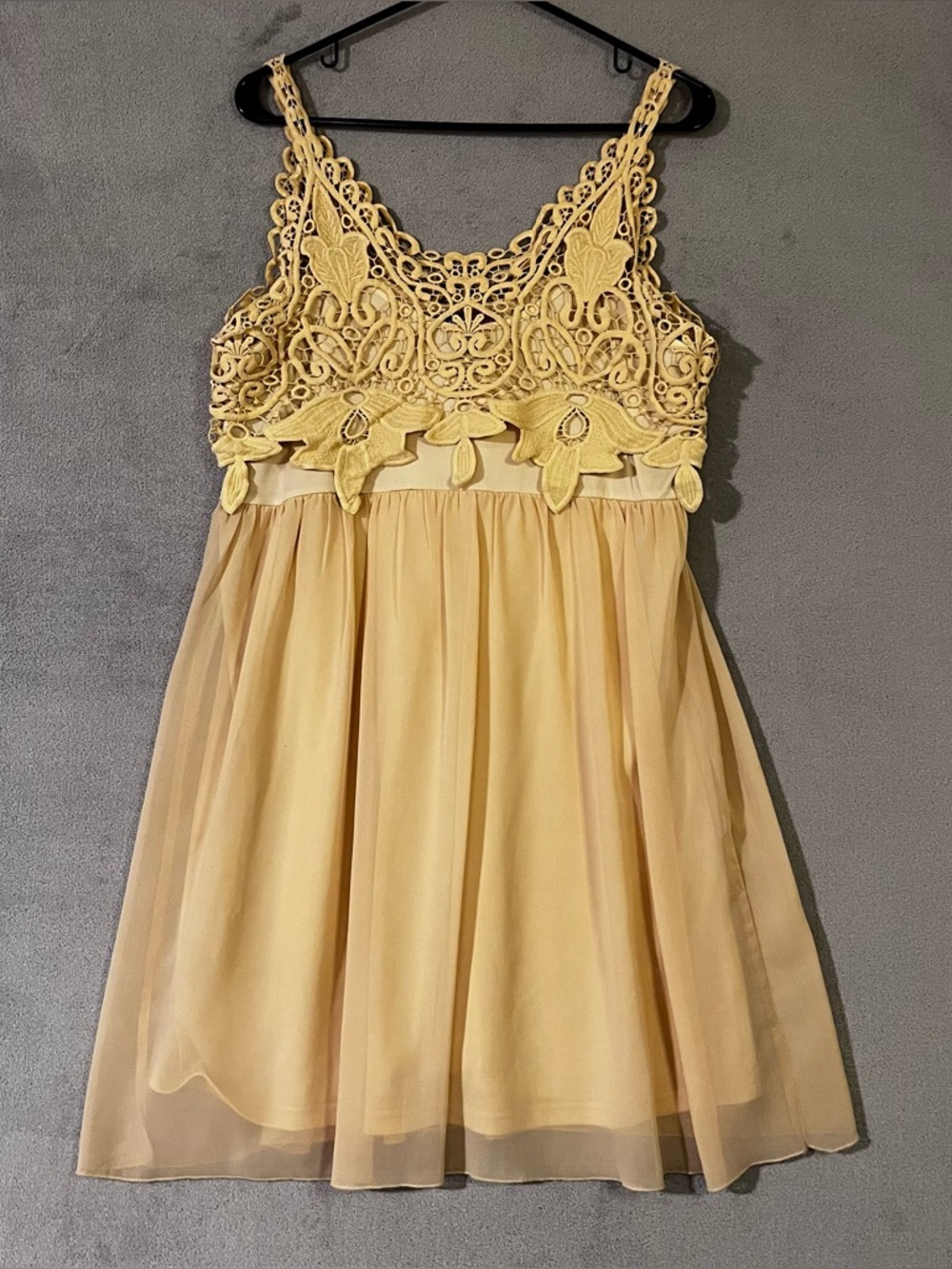 Mini Slip Dress Butter Yellow Crochet Babydoll Bodice Flowy Chiffon Skirt Large